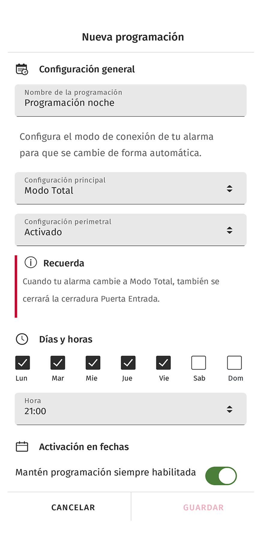control alarma